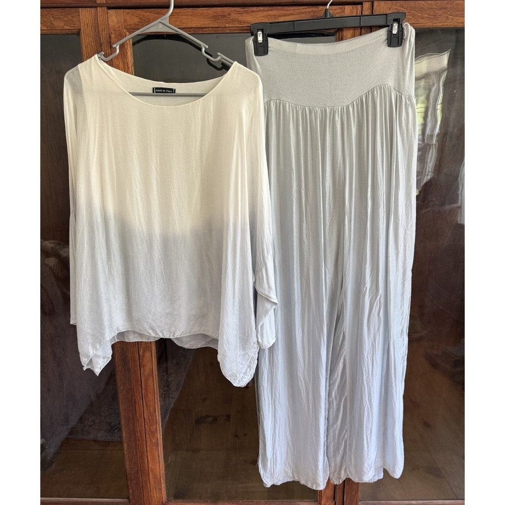 Italian Silk Blend 2Pc Set Ivory Gray Ombré Dolman Top Palazzo Pants Lagenlook